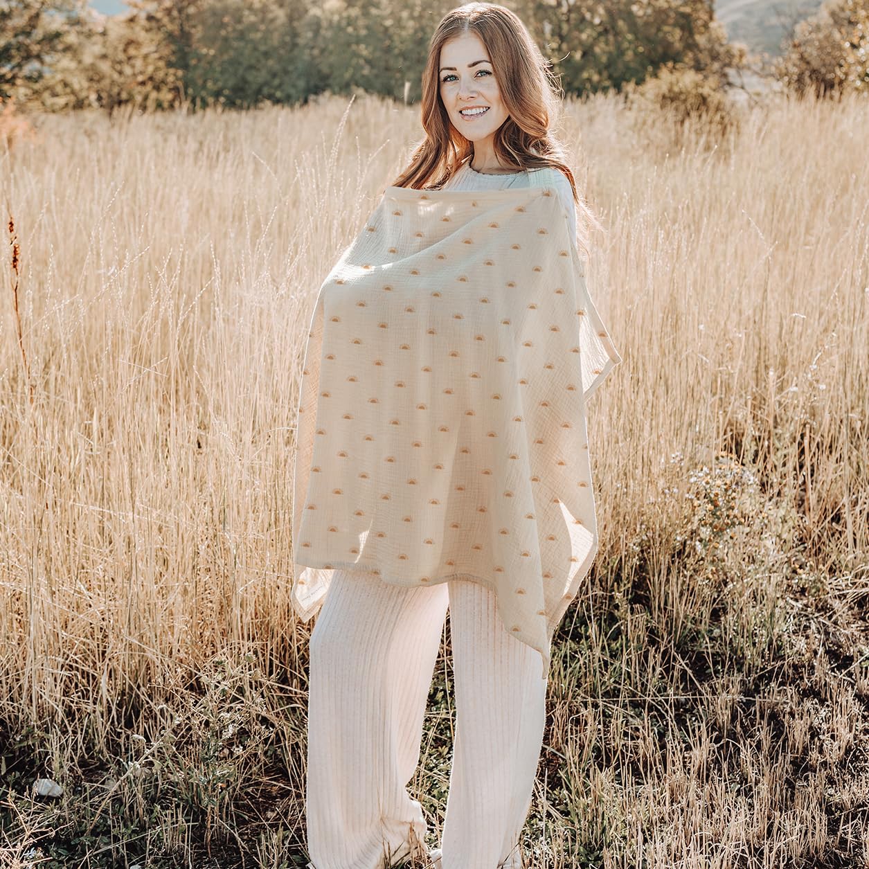 Konssy Muslin Nursing Cover for Baby Breastfeeding, Breathable 100% Cotton Breastfeeding Cover with Rigid Hoop for Mother Nursing Apron, Multi-use Carseat Canopy (Sun)