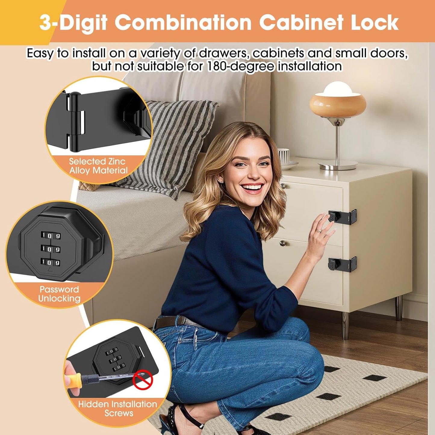 90 Degree Cabinet Locks with Combination, Mechanical Folding Door Latch, Keyless Password Rotary Hasp Latch Lock for Office File Cabinet, Drawers, Locker, Small Door, Cupboard (2, Black)