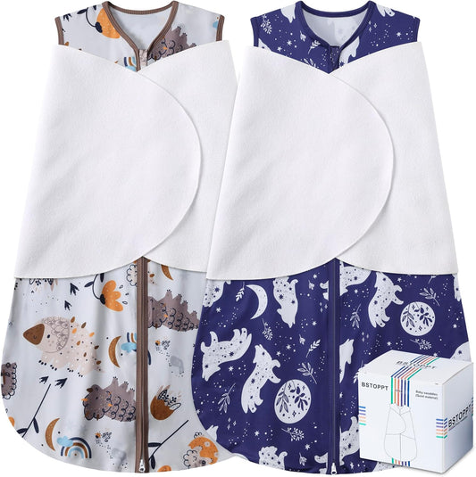 Newborn Sleep Sack Baby Swaddle,3-Way Adjustable Wearable Blanket,100% Rayon Cotton Swaddling Sleeping Bag，TOG 0.5 (Fox & Dinosaurs, 6-12 Months)