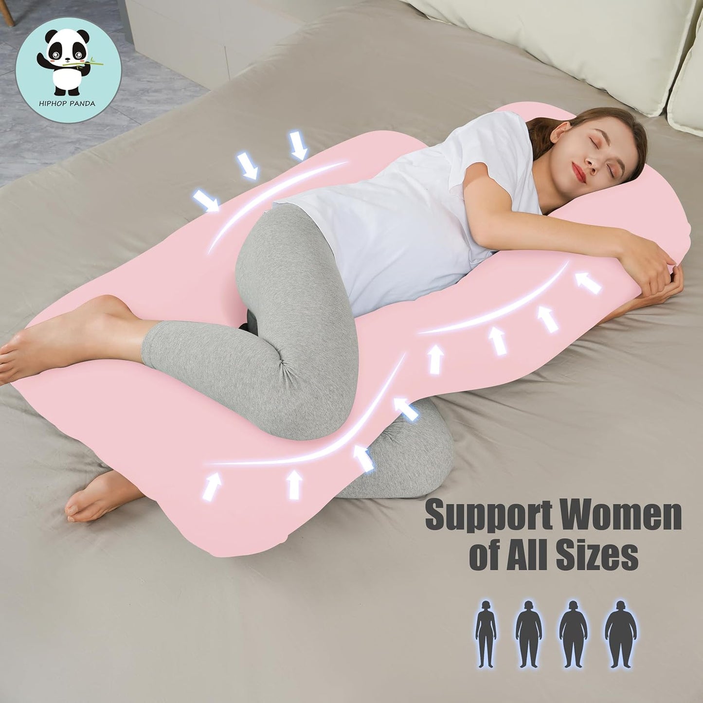 HIPHOP PANDA U-Shaped Pregnancy Pillow for Sleeping - Full Body Maternity Support Pillow with Removable Cover - Comfort for Back, HIPS, Legs, Belly - 57 Inch for Pregnant Women, Pink