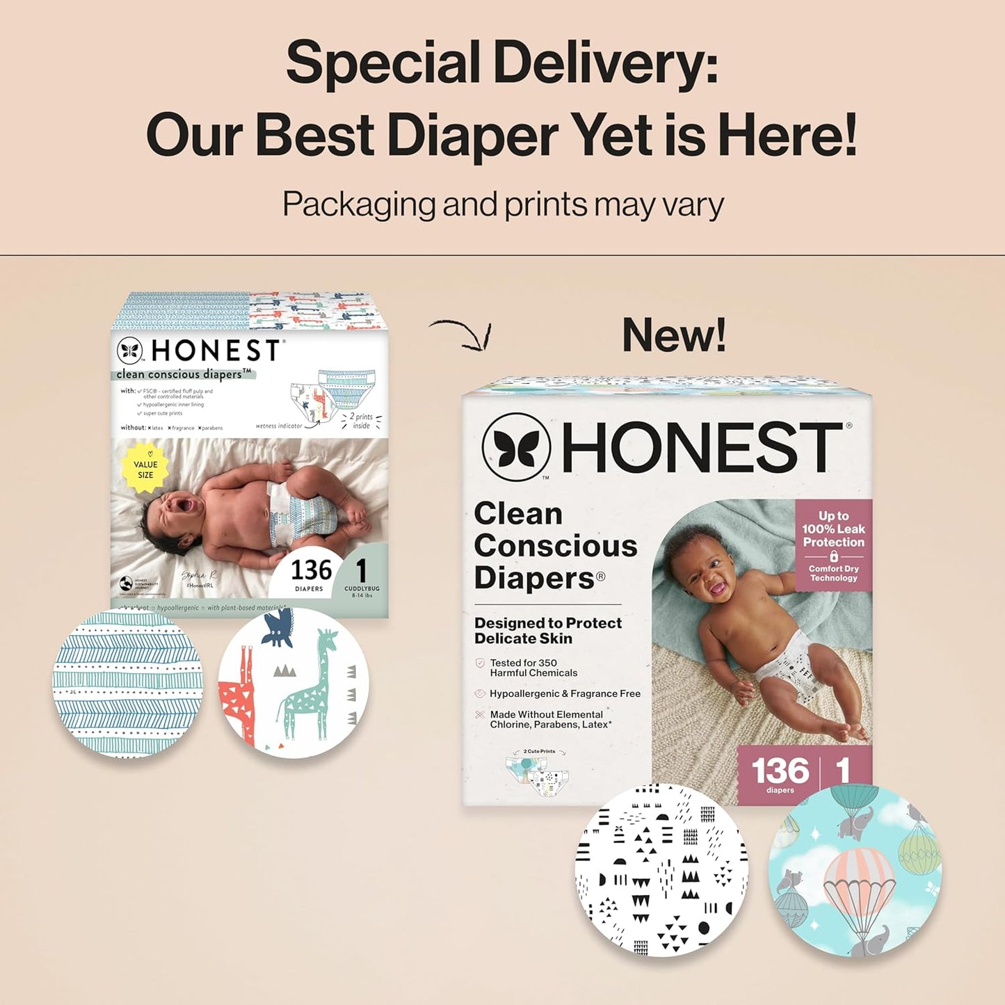 The Honest Company Clean Conscious Diapers for Delicate Skin | Up to 100% Leakproof | Hypoallergenic, Fragrance Free | Gender Neutral | Super Club Box, Size 1 (8-14 lbs), 136 Count (Prints May Vary)