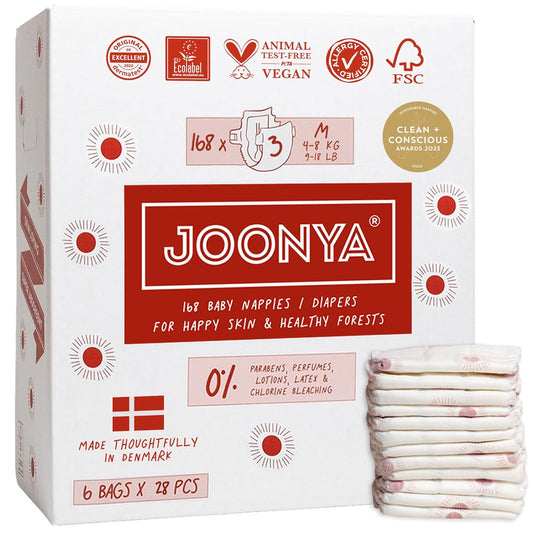 Joonya Baby Diapers, Size 3 M (9-18 lb) - 6 Bags of 28 (168) - New Range - NonToxic, Eco-Friendly, Ultra Slim, Overnight Use - Made in Denmark