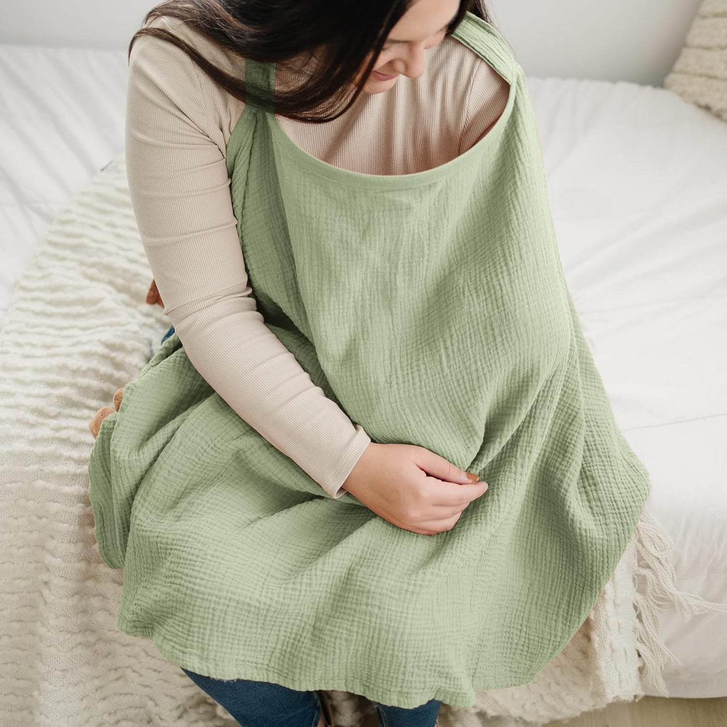Konssy Muslin Nursing Cover for Baby Breastfeeding, Breathable 100% Cotton Breastfeeding Cover with Rigid Hoop for Mother Nursing Apron, Multi-use Carseat Canopy (Sage)