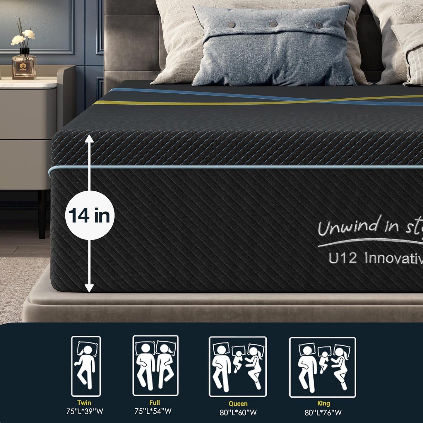 14 inch Full Mattress Multi-Layer Memory Foam Mattress - Medium Firmness with Bamboo Charcoal & Green Tea Infusion