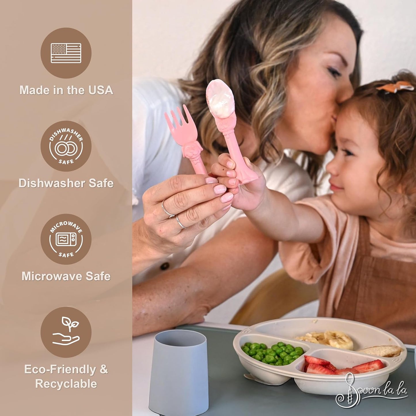 Made in USA Spoon la la Toddler Utensils Set - 2 Pack (1 Spoon & 1 Fork for Kids) - Self-Standing 3D Ergonomic Cat & Dog Handles - BPA-free, Dishwasher Safe, Baby Silverware (Pink)