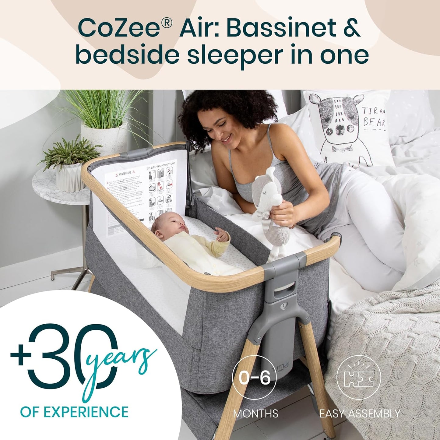 CoZee® Air Baby Bassinet & Bedside Sleeper - Rocking Bassinet for Baby, Fast-Folding with Travel Bag, Deluxe Airflow Mattress & 6 Mattress Heights, 0-6 Months (Oak & Charcoal)