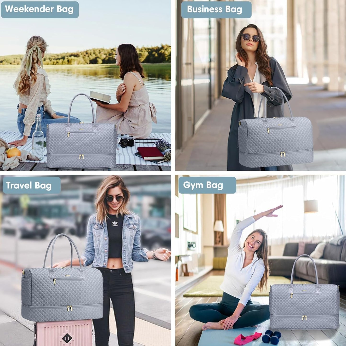 Travel Bag Weekender Bags for Women - Carry on Overnight Bag with Shoe Compartment Duffle Bag with Laptop Pocket Hospital Bag Grey