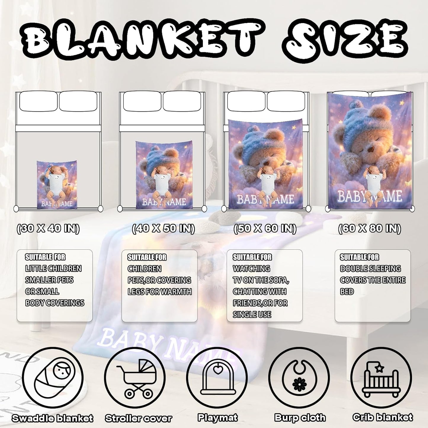 Ship Next Day, Personalized Baby Blanket – Printed in USA, Custom Baby Blanket for Boys & Girls, Baby Blanket with Name, Baby Shower, Easter, Christmas, Birthday Newborn & Toddler Gifts, Baby Gifts