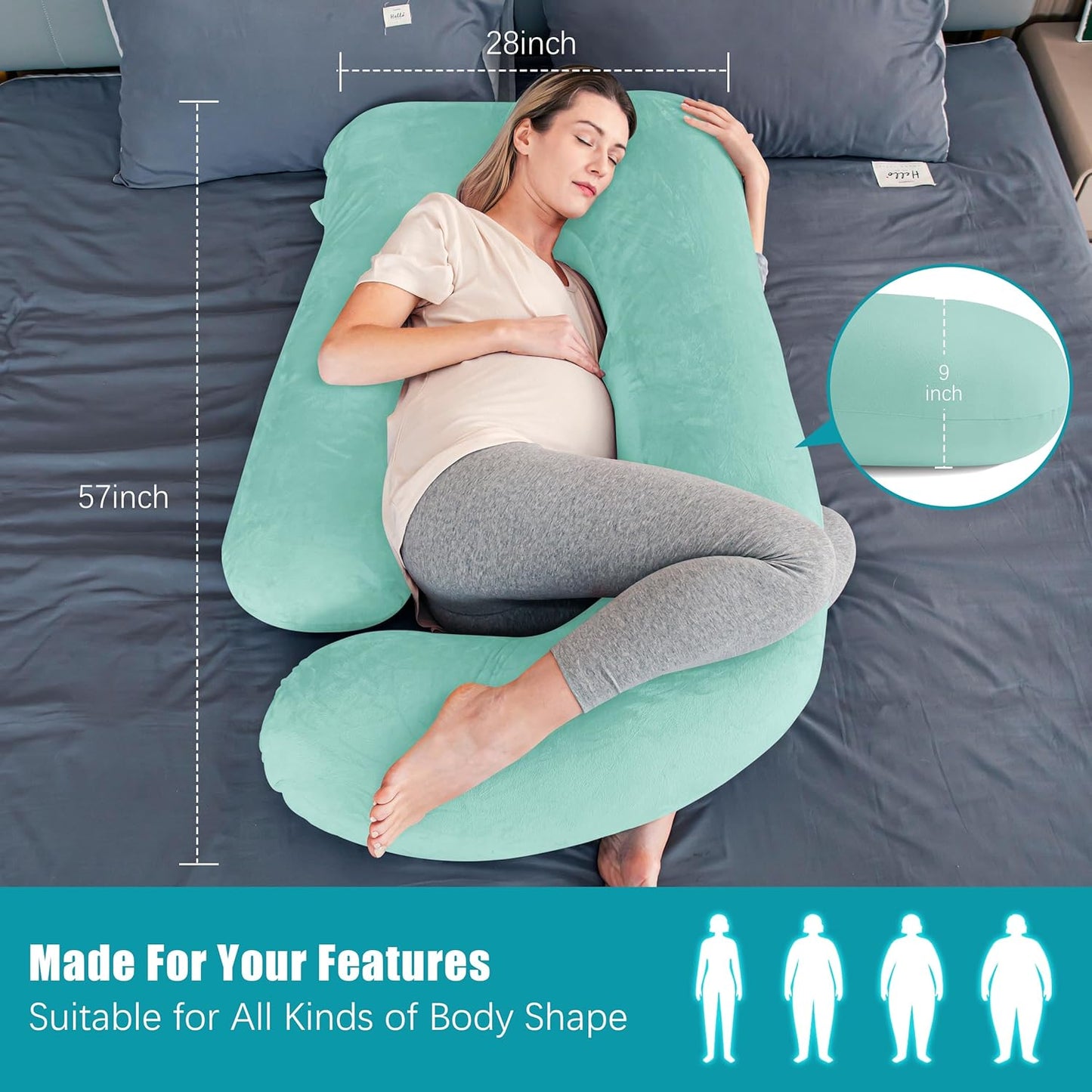 Cute Castle Pregnancy Pillows, Soft U-Shape Maternity Pillow with Removable Cover - Full Body Pillows for Adults Sleeping - Pregnancy Must Haves - Jumbo 57 Inch - Turquoise