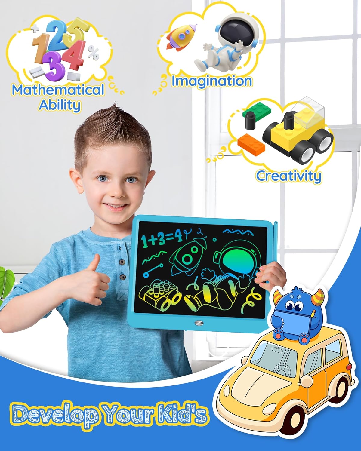TEKFUN LCD Writing Tablet for Kids Boys Toys, 12 Inch Erasable Doodle Board Colorful Doodle Pad, Mess Free Coloring Board Games Toys Gifts for Toddlers Boys Adults (Blue)