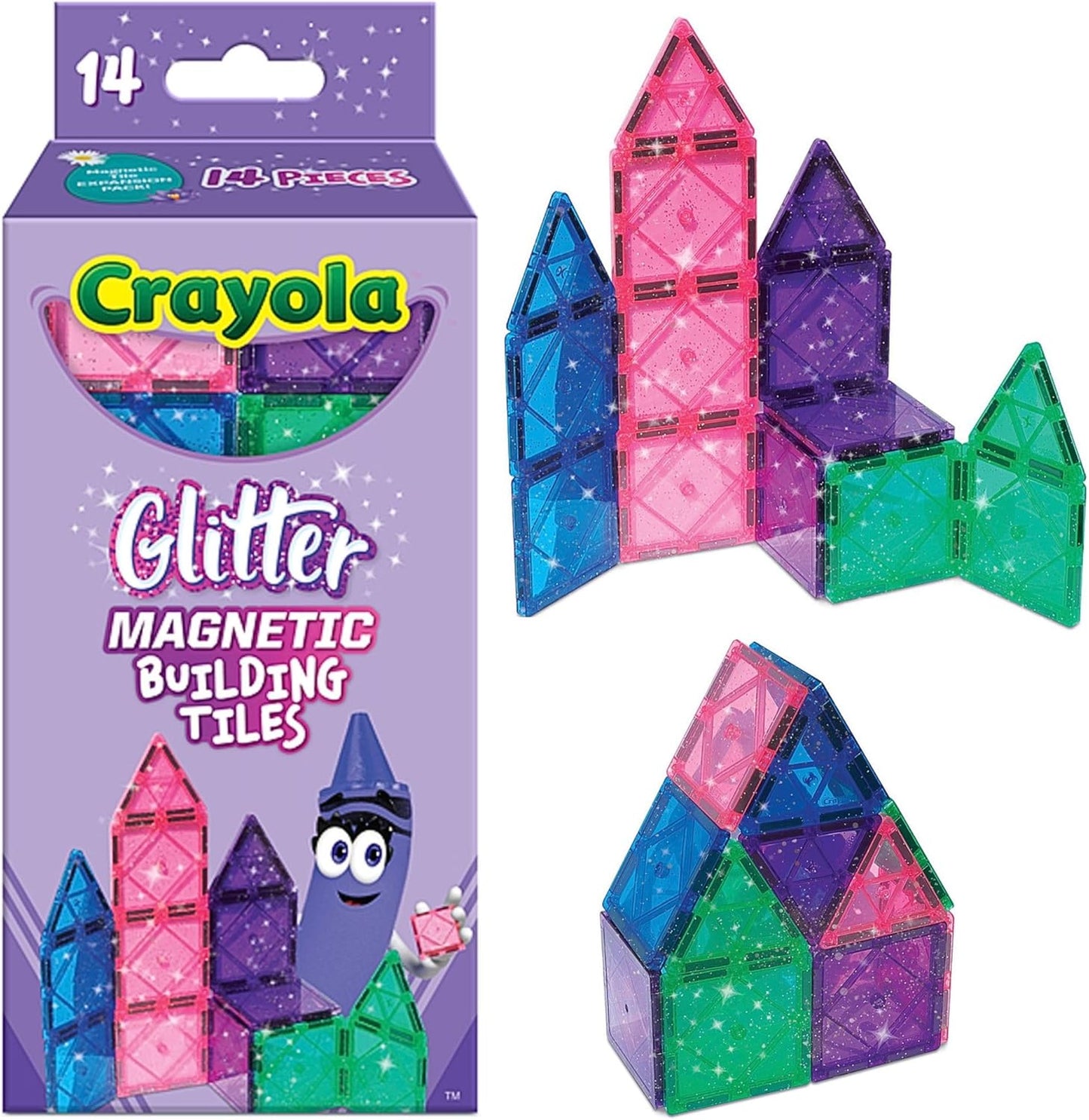 CreateOn Crayola Magnetic Tiles, Building Set for Kids, Magnetic Toys for Kids, Travel Toys, Classroom Sensory Toy Blocks, STEM & Montessori Tools for Boys & Girls Ages 3+, 14-Piece Set (Glitter)