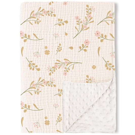 Konssy Baby Blankets for Unisex Boys Girls, Super Soft Nursery Minky Blankets with Muslin Cotton Front and Dotted Fleece Backing, Printed Bed Throws Newborn