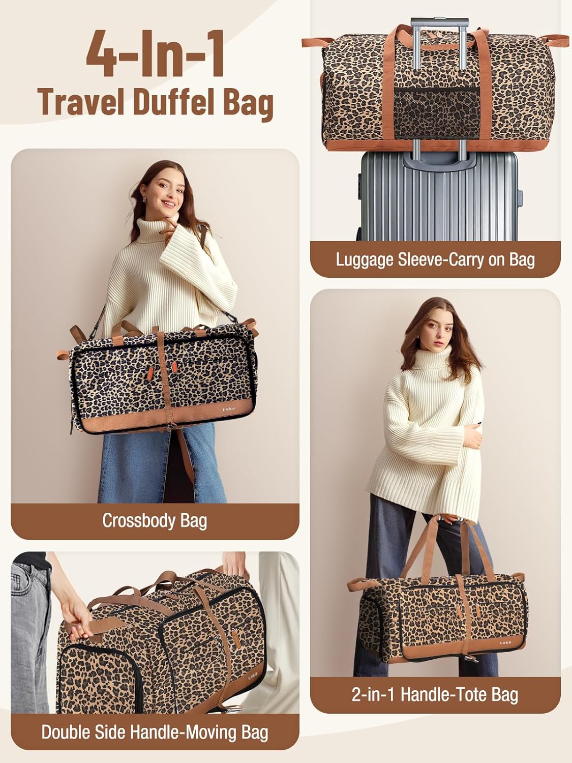 Lekesky Foldable Travel Duffel Bag for Women, 80L Large Duffle Bag with Separate Shoes Compartments & Straps, Carry On Weekend Bag for Women, Hospital, Overnight(Leapord)