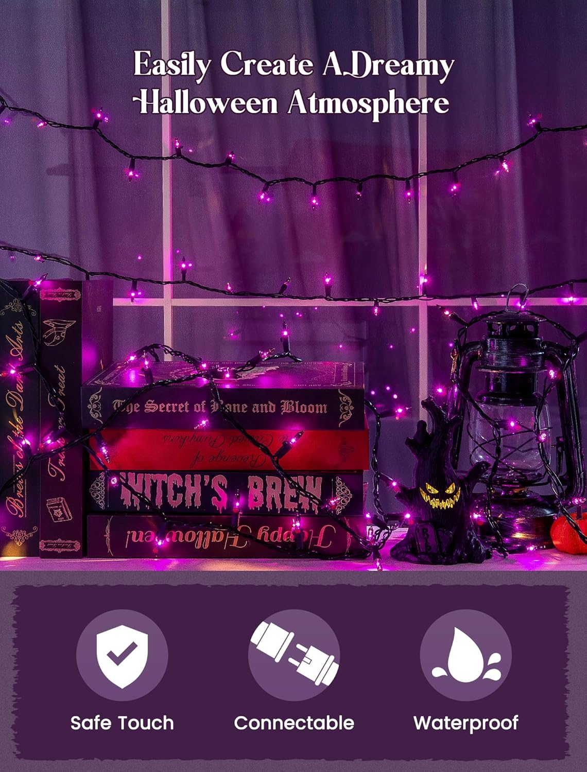 woohaha Halloween Purple String Lights,50 Mini Fairy Lights Set,Plug in with Black Wire 11Ft Traditional Halloween Holiday Decor for Indoor，Home, Christmas Tree, Bedroom, Patio, Wedding