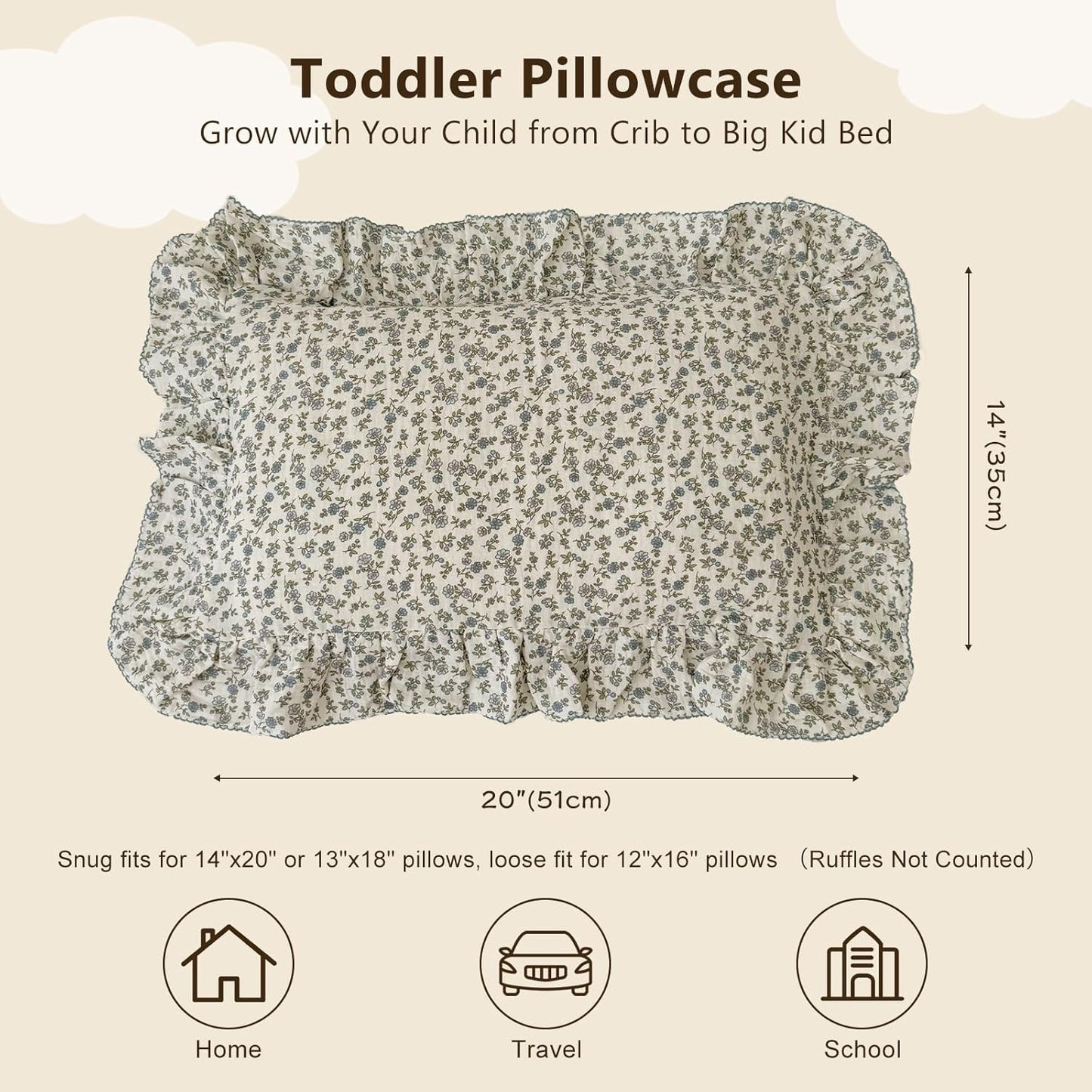 BuLuTu 2 Layers Muslin Cotton Toddler Pillowcase, 1 pc, 14"x20", Shabby Chic Blue Floral Print Pillow Cases for Kids Girls Boys Pillow Covers Soft Breathable, Envelope Closure