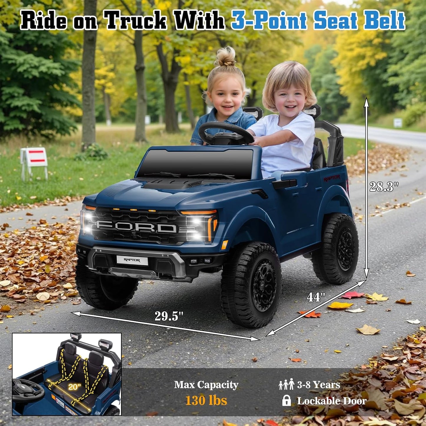 24V Ride on Car Licensed Ford F-150 Raptor, Kids Electric Car with Remote Control, LED Light/Music/MP3, Truck Bed Storage, 3-Point Seat Belt (24V, Blue)