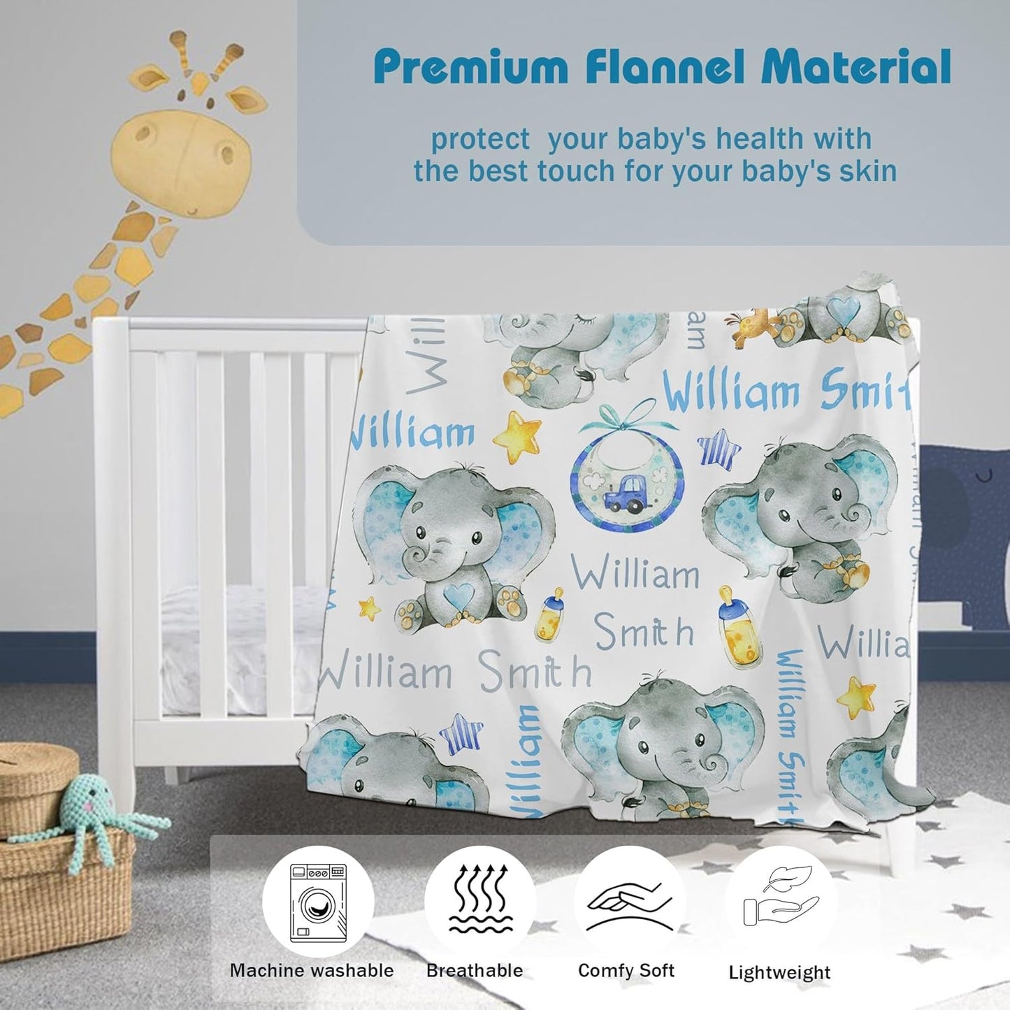 Personalized Elephant Baby Blanket for Boy Girl Custom Name Blanket for Baby Shower Customized Birthday Christmas Newborn Gifts