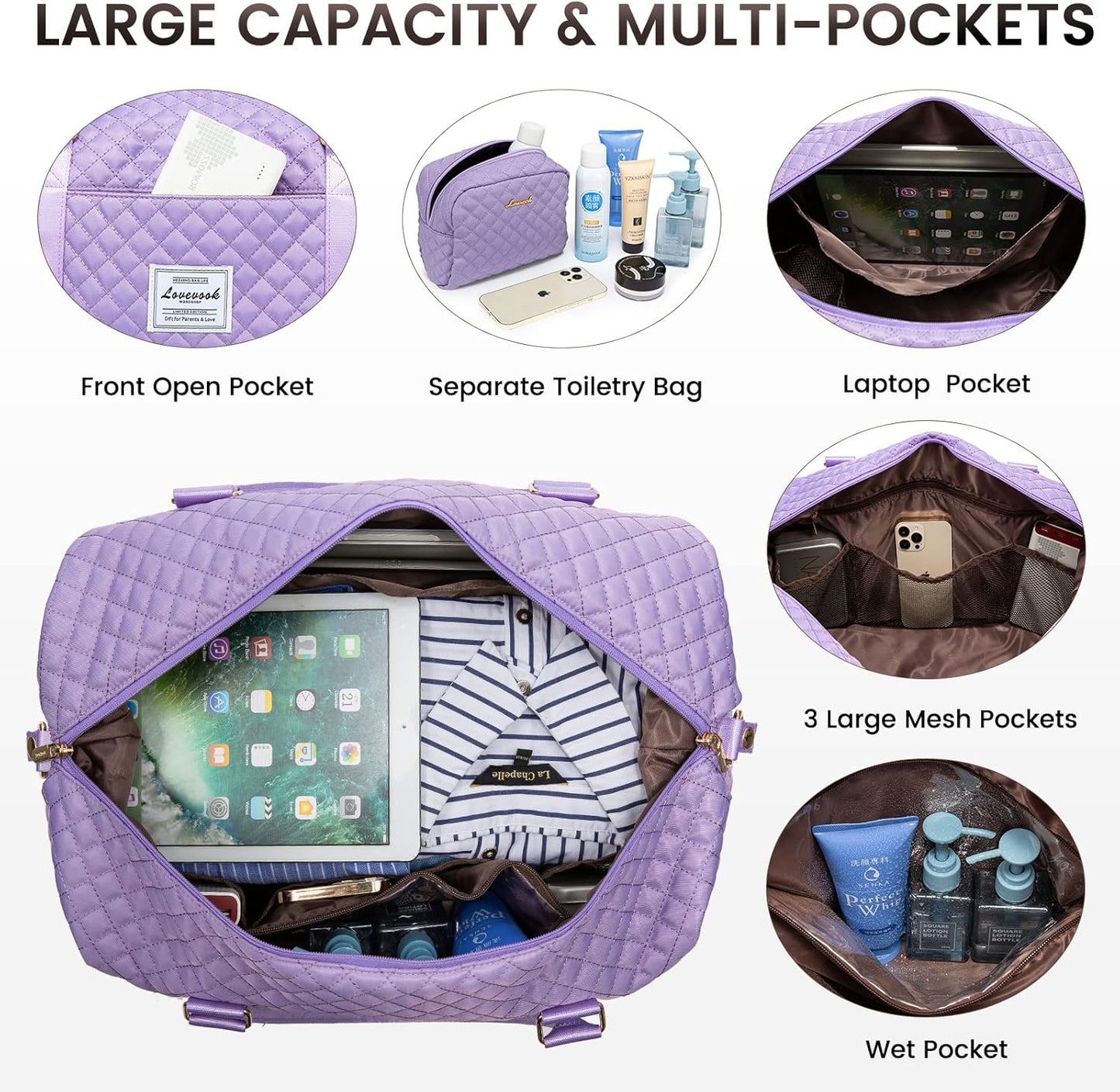 LOVEVOOK Travel Duffle Bag,Weekender Bags for Women with Shoe Compartment，Carry on Overnight Bag with Toiletry Bag,Gym Duffel Bag with Wet Pocket, Hospital Bags for Labor and Delivery