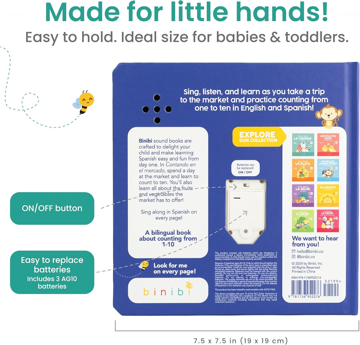 Binibi Spanish Musical Book - Counting at The Market | Bilingual Children's Book for Babies & Toddlers 1-3 | Libro en Espanol para Bebes