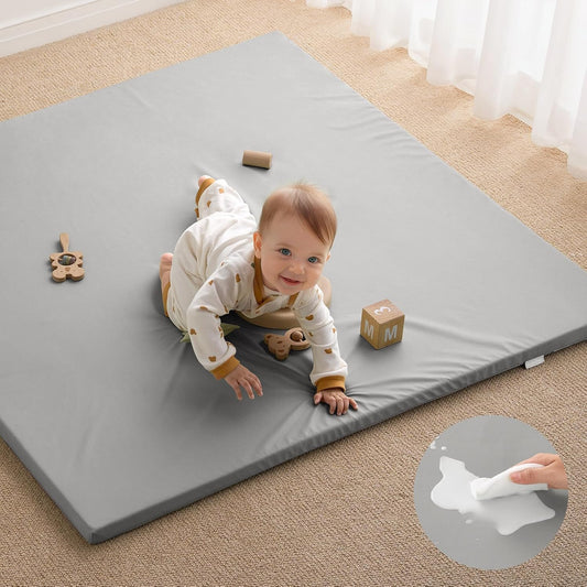 Blissful Diary Vegan Leather Baby Play Mat, 47x47 Thicken Foam Cushioned & Waterproof Playpen Mat for Infants and Toddlers, Stylish and Just Wipe-Clean Playmat for Baby Play on Floor, Light Gray