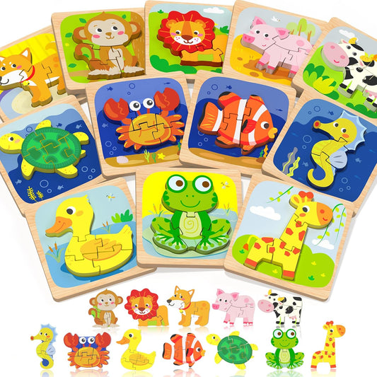 Benresive Wooden Toddler Puzzles, 12pcs Animal Montessori Toys for 1-3 Year Old Boys & Girls, Learning Educational Preschool Toys, Great Gifts for 1 2 3 Year Olds