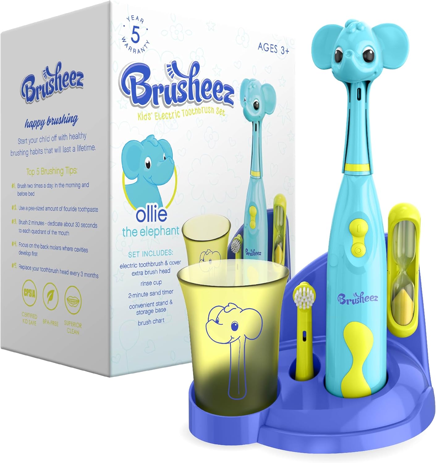 Brusheez Kids’ Electric Toothbrush Set - Safe & Effective for Ages 3+ - Parent Tested & Approved with Gentle Bristles, 2 Brush Heads, Rinse Cup, 2-Minute Timer, & Storage Base (Ollie The Elephant)