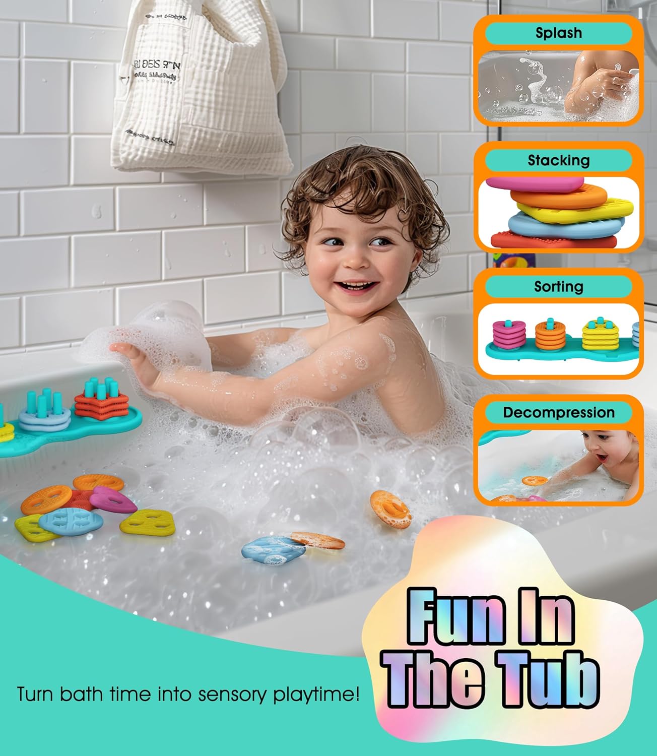 Baby Bath Toys Mold-Free Silicone Bath Toys, Sensory Shape Sorting & Stacking Set Includes 20 Floating Pieces, Early Learning Bathtub Toys for Toddlers