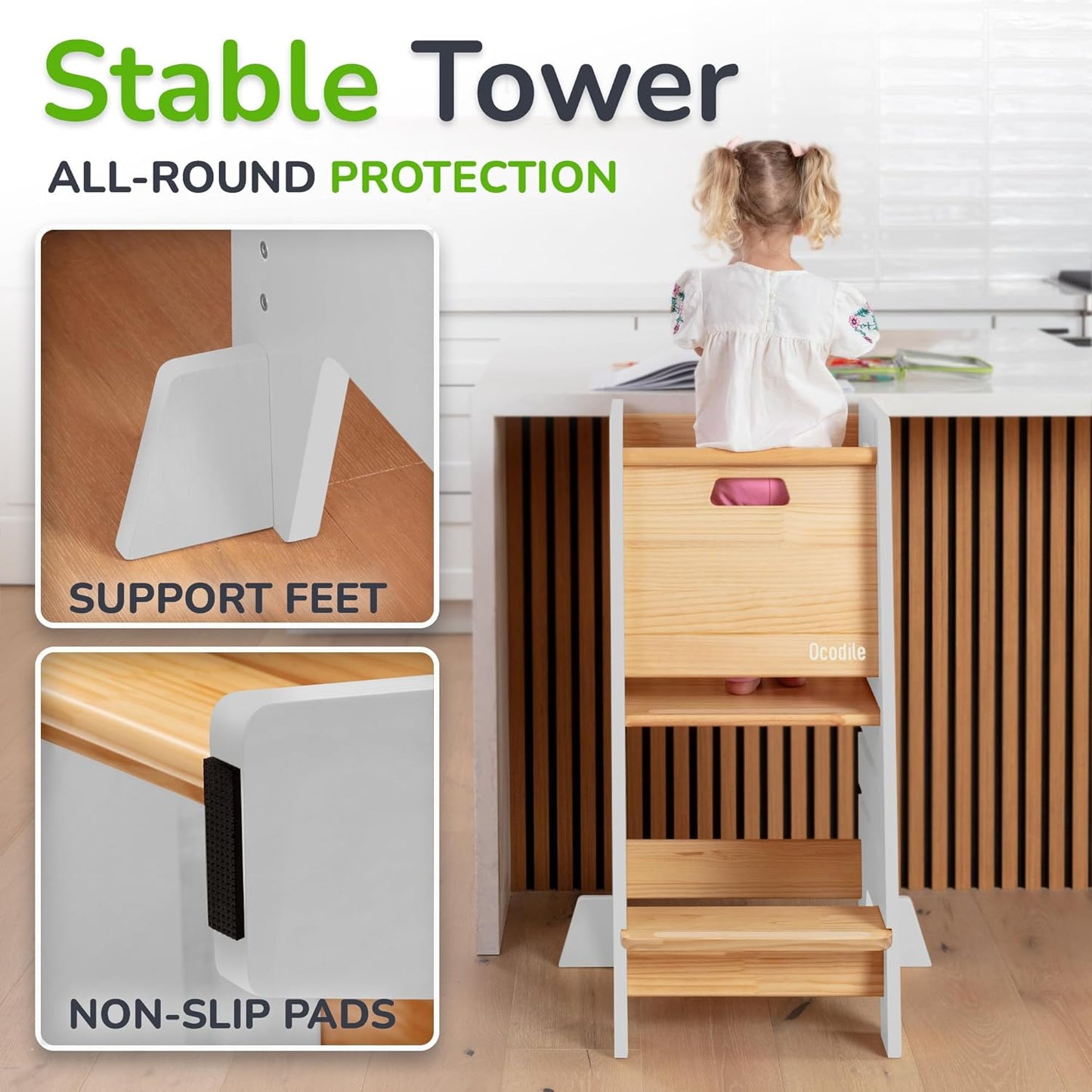 Toddler Tower with a Sliding Door and 3 Adjustable Heights - Complete Toddler Kitchen Stool Helper with Support Feet - Safe Design for 18+ Months to 6-Year-Old Kids - White