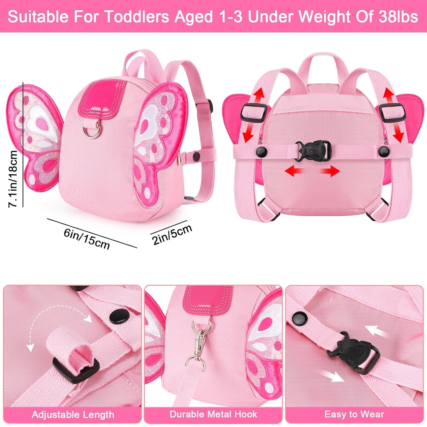 Accmor Toddler Harness Backpack Leash, Cute Butterfly Kid Backpacks with Anti Lost Wrist Link, Mini Child Backpack Harness Leashes Walking Wristband Travel Bag Harness Rein for Baby Girls (Pink)