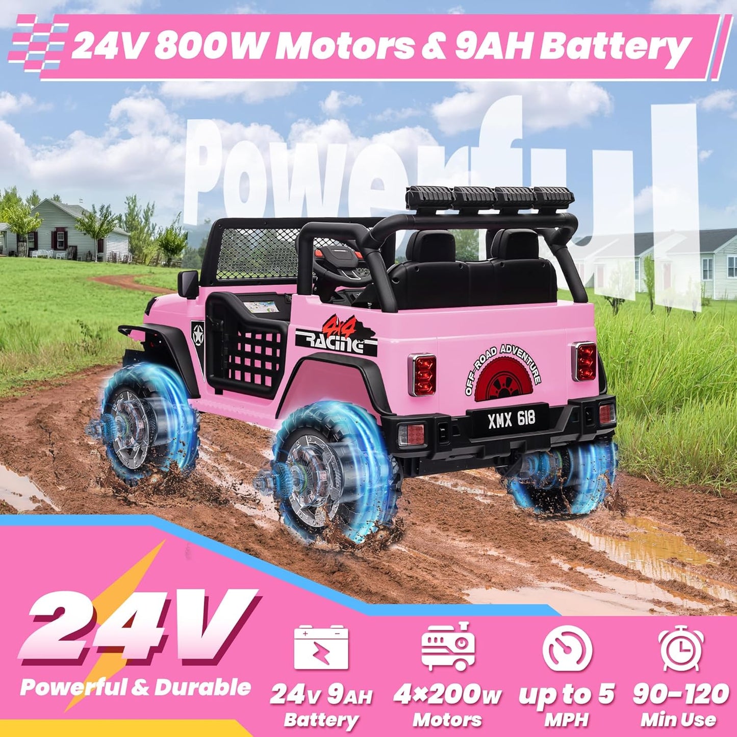 24V 4WD Ride on Truck Car w/800W Motors, Gift Flower, Remote Control, 2 Seaters, Light Bar, 3 Speeds, Pop Music, Power Four Wheels, 25 Volt Ride on Toy Car for Big Kids, Pink