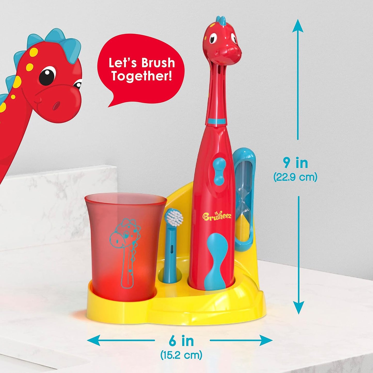 Brusheez Kids’ Electric Toothbrush Set - Safe & Effective for Ages 3+ - Parent Tested & Approved with Gentle Bristles, 2 Brush Heads, Rinse Cup, 2-Minute Timer, & Storage Base (Pepper The Dino)
