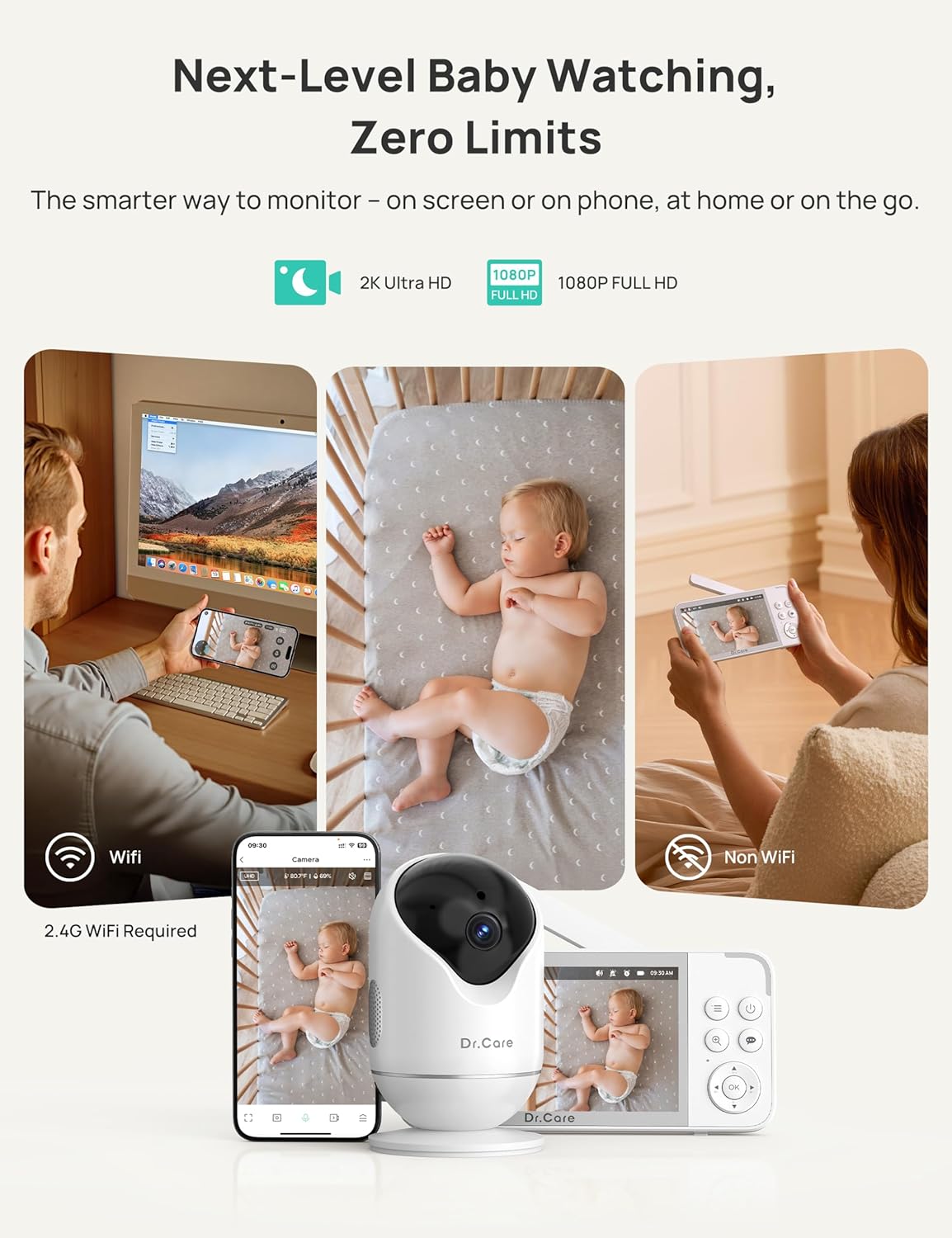 VistaView Smart WiFi Baby Monitor - 5” 1080P Split Screen & 2K Camera App Control, Cry & Motion Alerts, HD Night Vision, 5000mAh Battery, 2-Way Talk, Multi-User, Triple Security, 1279ft Range