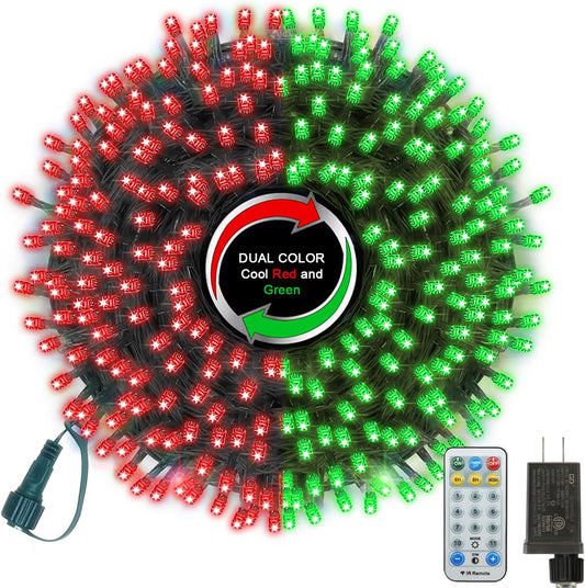 33ft Christmas Decorative Mini Lights, 100 LED Green Wire Fairy Starry String Lights Plug in, 16 Lighting Modes, for Indoor Outdoor Xmas Tree Wedding Party Decoration (Red+Green)