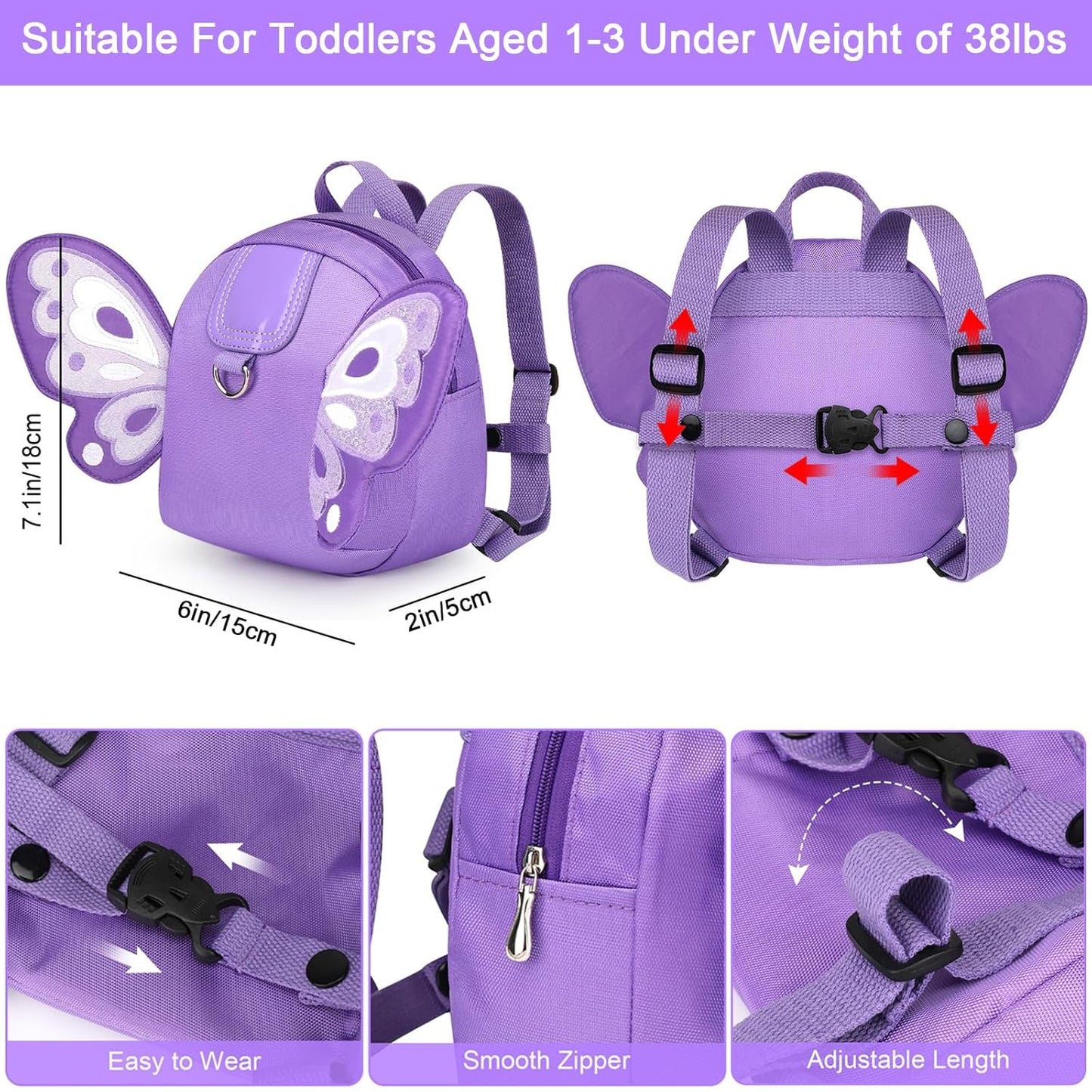 Accmor Toddler Harness Backpack Leash, Cute Butterfly Kid Backpacks with Anti Lost Wrist Link, Mini Child Backpack Harness Leashes Walking Wristband Travel Bag Harness Rein for Baby Girls (Purple)