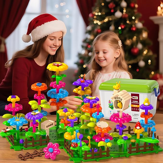112 Pcs Flower Garden Toy,Toddler Girl Toys 3-4 Years Old Girls Gardening Building Gifts Set Best Educational Learning Fine DIY Crafts Stem Construction Stacking Kit,for 3 4 5 6 7 Year Kids Birthday
