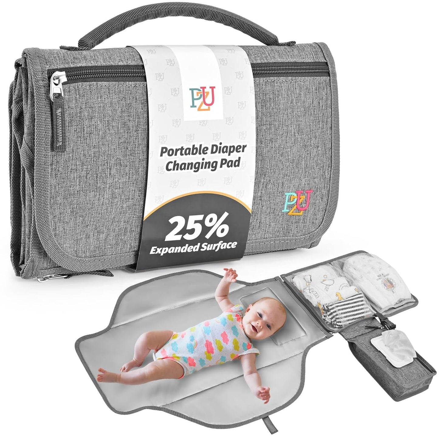 PZU Portable Diaper Changing Pad - Changing Pad Portable with Wipes Pocket, Waterproof Diaper Changing Mat, Portable Changing Pad for Baby, Newborn Gift（Grey）