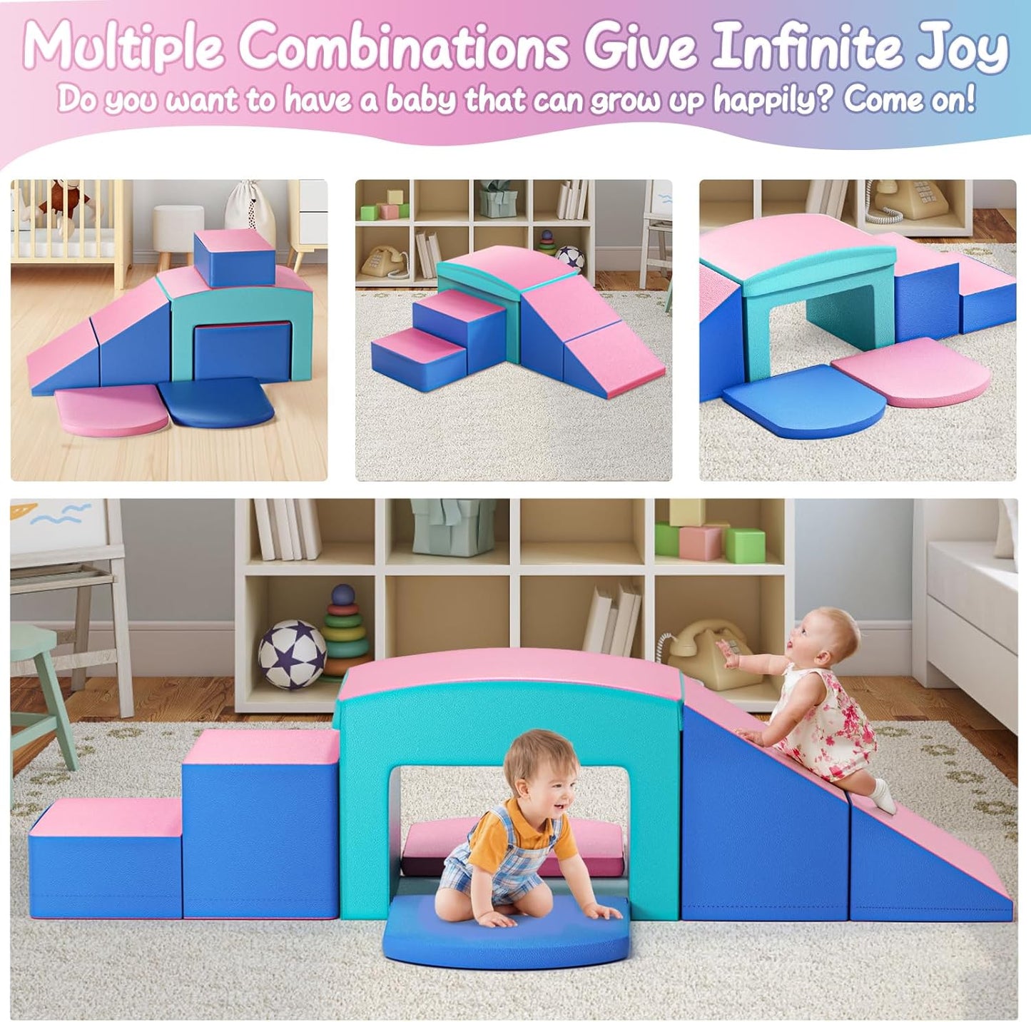 SURPCOS Crawl and Climb Foam Play Set, 6 Pcs Climbing Toys for Toddlers 1-3, Climb and Crawl Activity Playset, Soft Play Equipment Crawling and Sliding (Blue&Pink) 6 peices