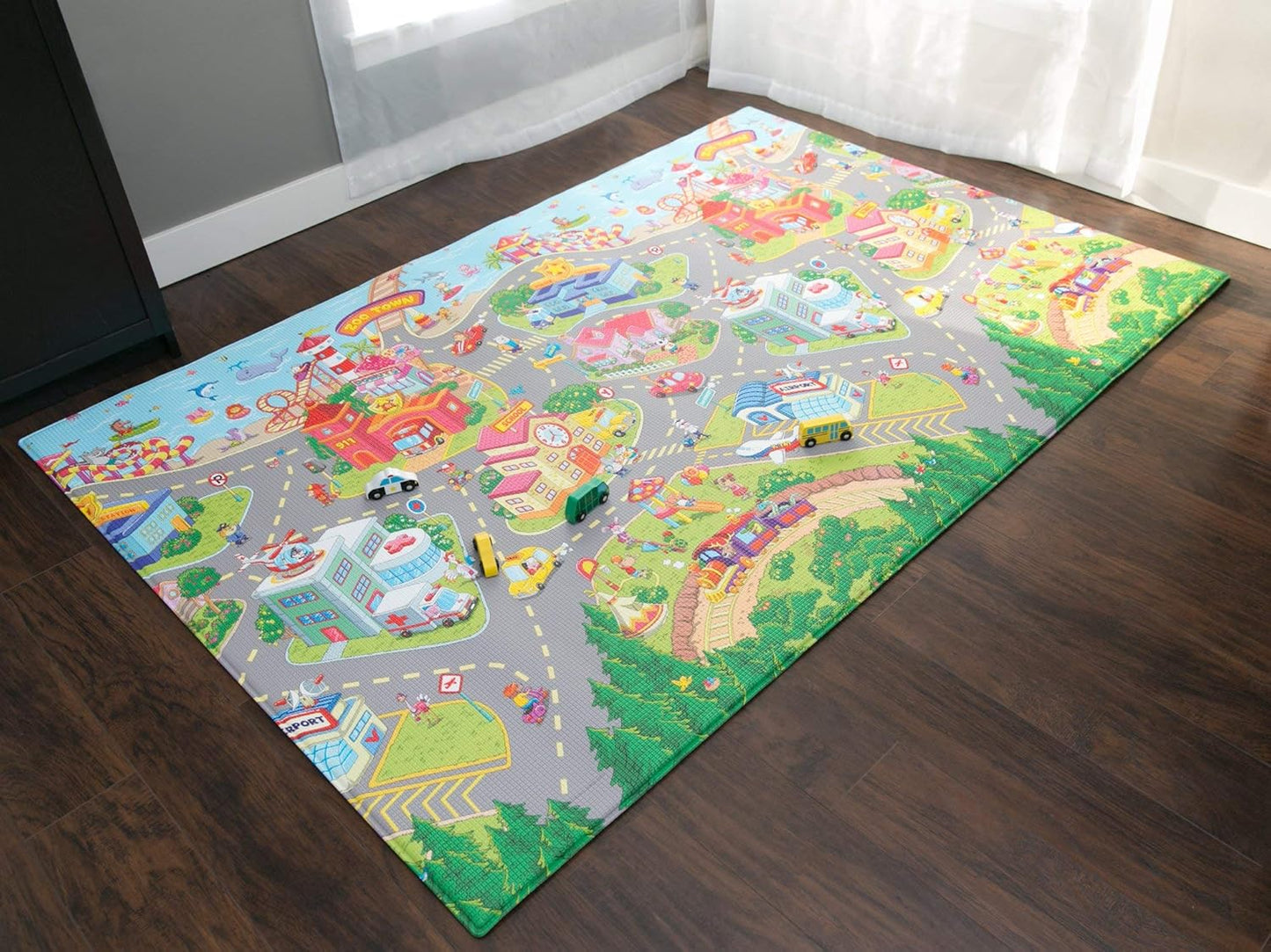 Baby Care Play Mat (Medium, Playful - Zoo Town) 73’’ x 49’’ Original One-Piece Reversible Rollable Waterproof Play Mat for Infants, Babies, Toddler, and Kids
