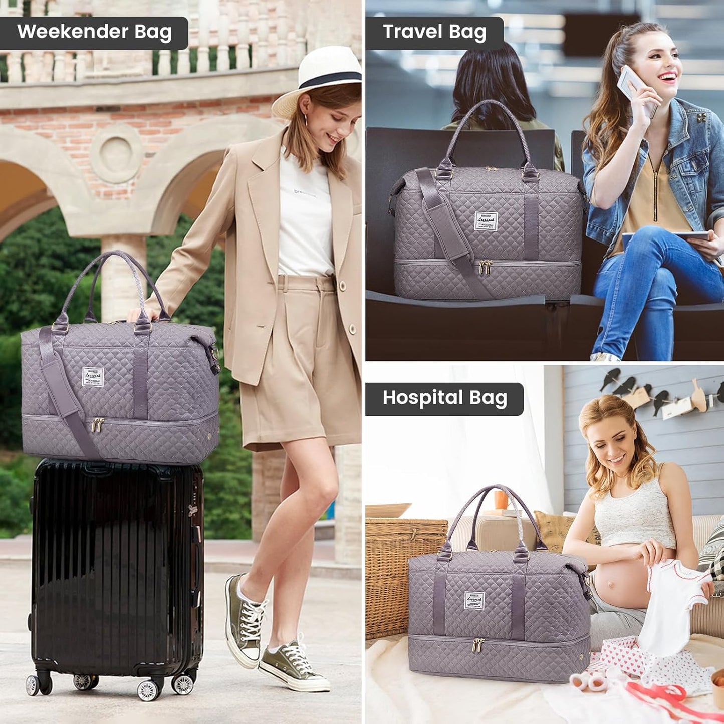 LOVEVOOK Travel Duffle Bag,Weekender Bags for Women with Shoe Compartment，Carry on Overnight Bag with Toiletry Bag,Gym Duffel Bag with Wet Pocket, Hospital Bags for Labor and Delivery