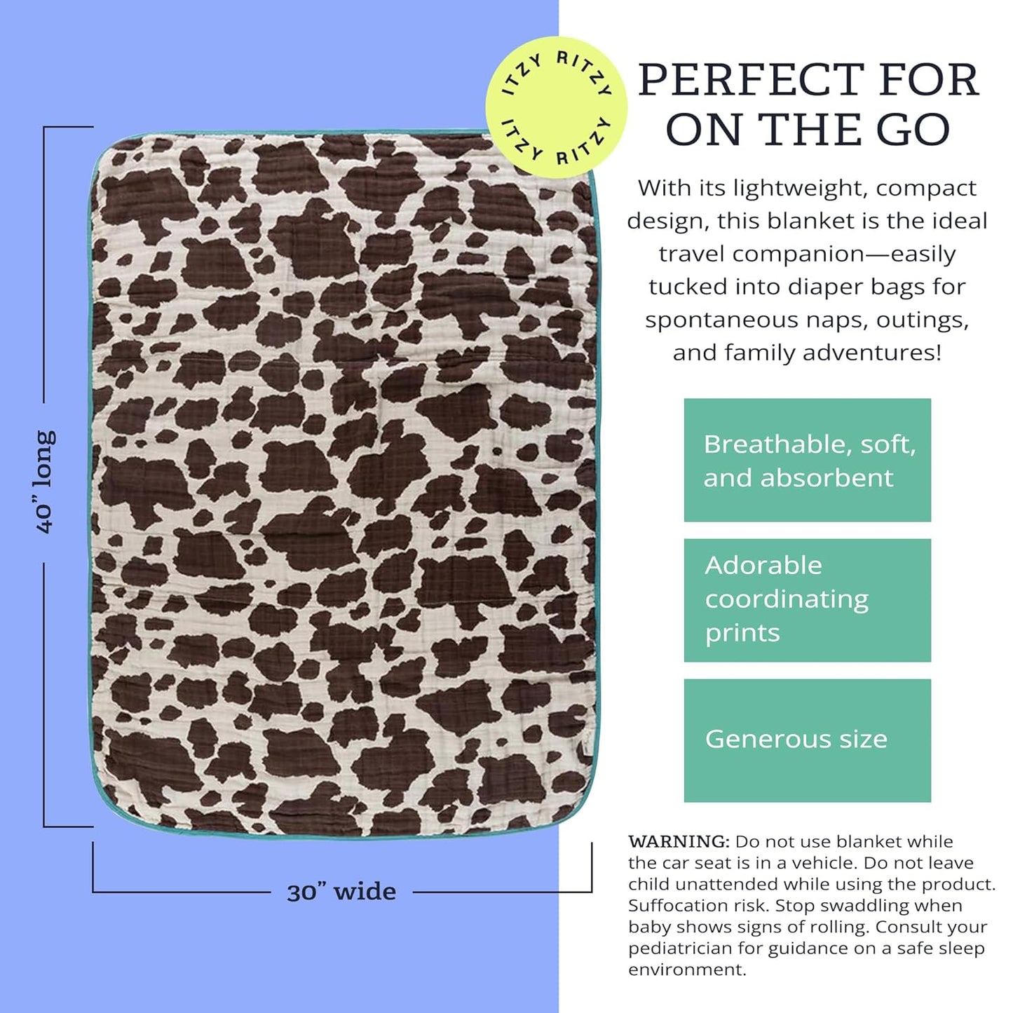 Itzy Ritzy Baby Blanket – Soft Cotton Muslin Multi-Use Blanket - Can Be Used as a Tummy Time Mat, Nursing Cover, Stroller Shade & More – Measures 30" x 40", Machine Washable (Cow Print)