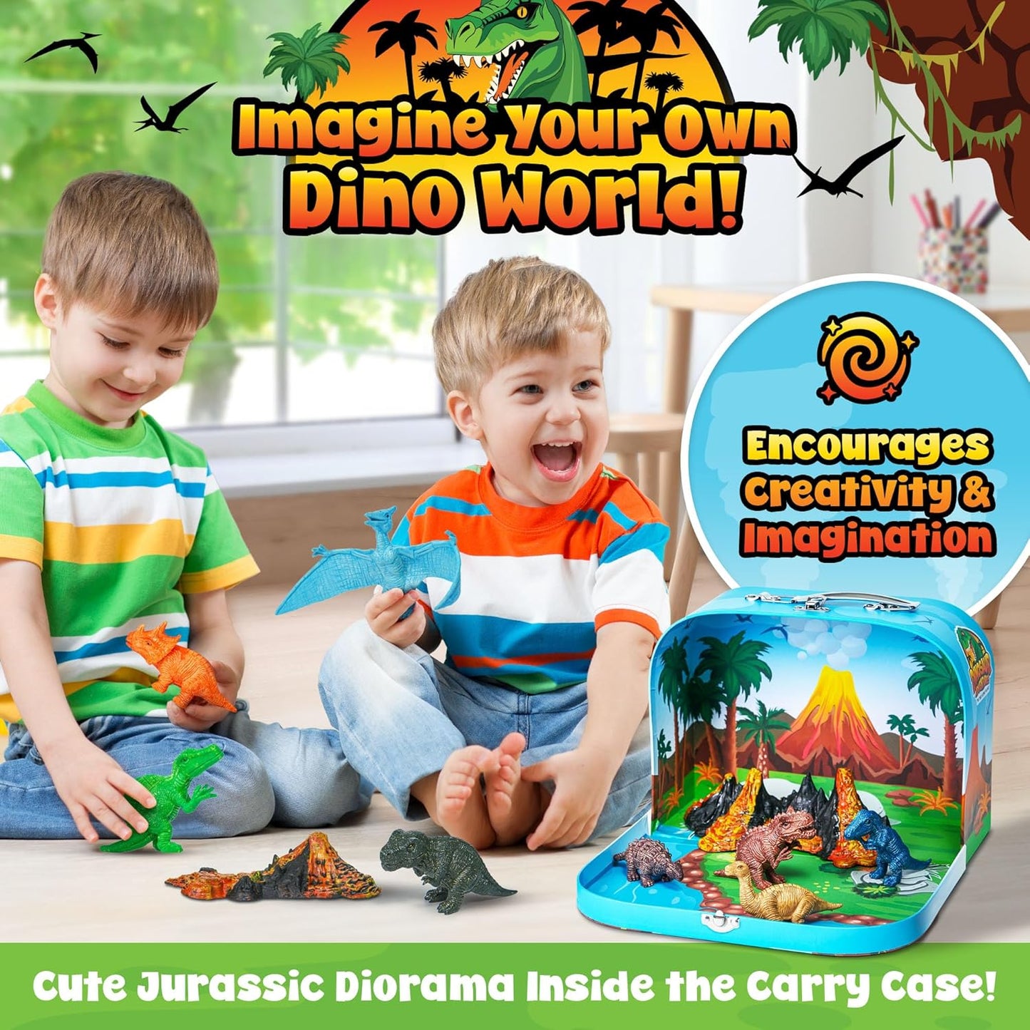 Dinosaurs Carry Case Set - with Play Scenery Inside, 8 Dinosaur Figures & 2 Volcanic Landscape | Toddler Toys for Kids 3-5