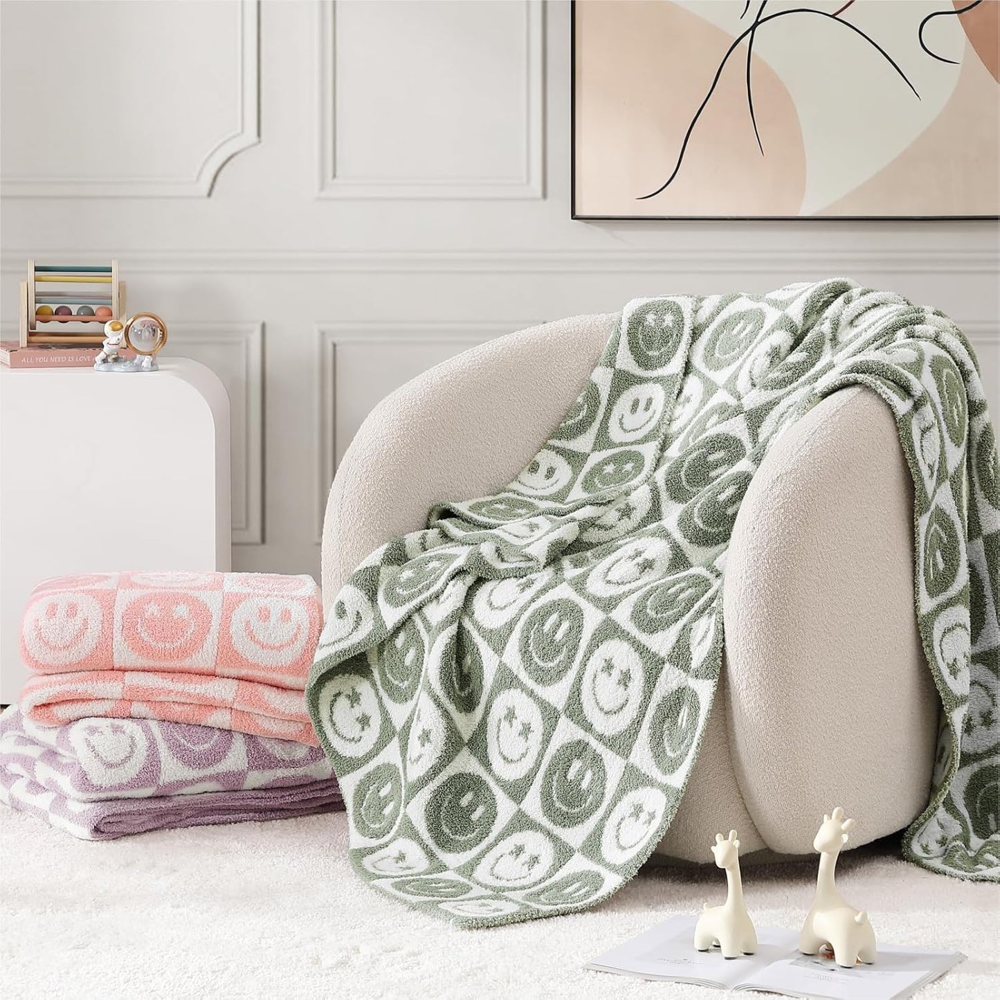 WRENSONGE Checkered Throw Blanket Seagrass Smiling Face Soft Cozy Fluffy Warm Hand Made Weave Throw Blankets for Couch, Sofa, Chair, Bed, Camping, Picnic, Travel Lightweight Bed Blanket - 60"*80"