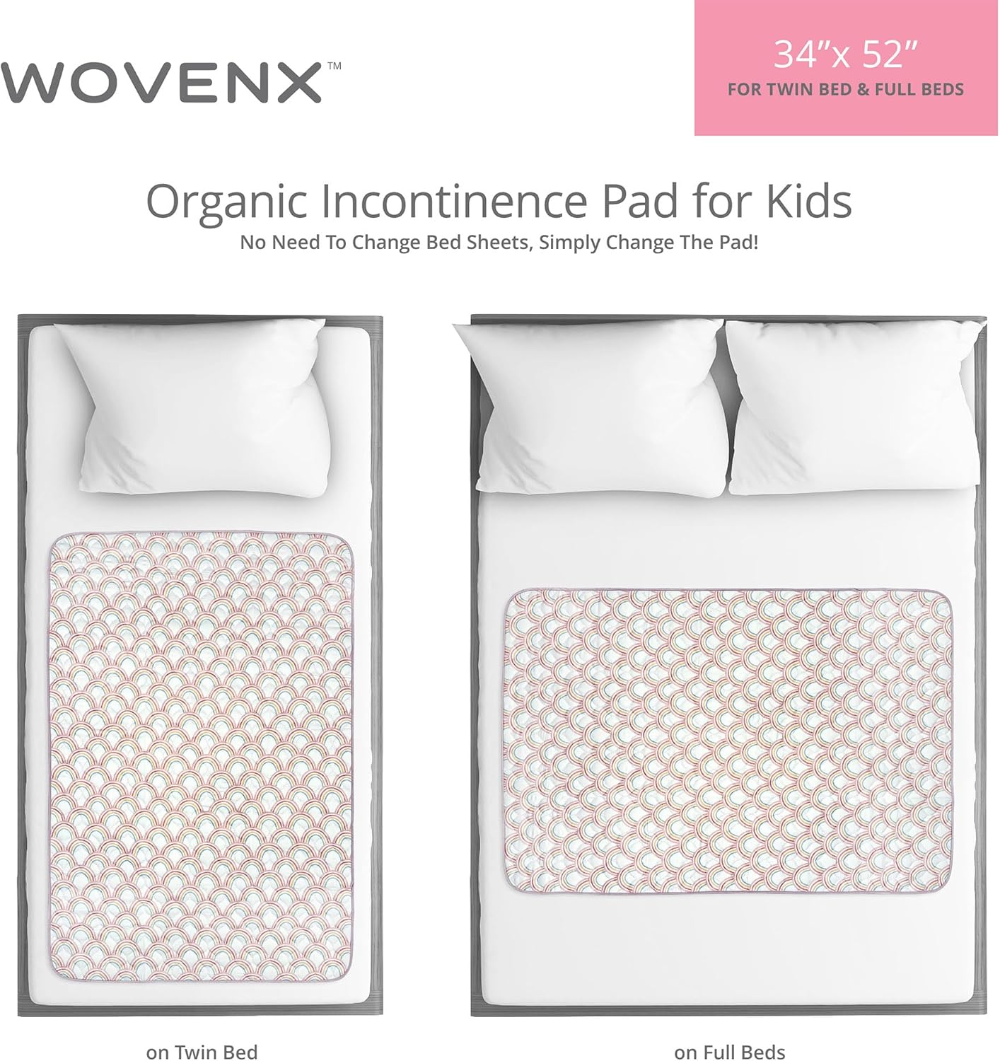 Organic Incontinence Pads for Kids & Toddlers - 5 Layer Waterproof Protectors for Overnight Bed Wetting - Reusable & Washable Pee Pads - Fits Twin to Full Size Beds - 34" x 52" Rainbow