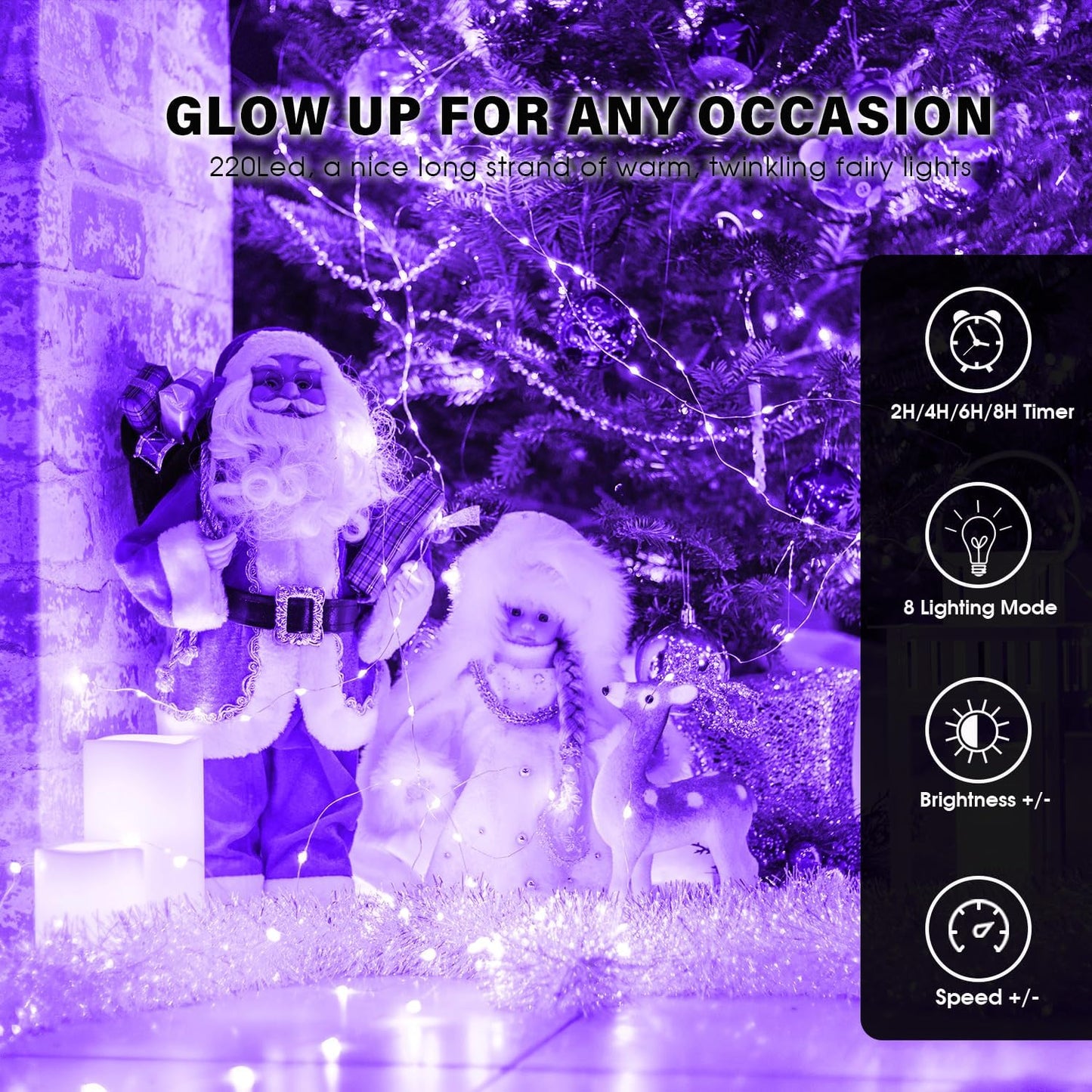 Fairy Lights 72ft 220 LED USB Twinkle String Lights Plug in Silver Wire Lights with Remote and Timer 8 Modes Outdoor Waterproof Starry Lights DIY Party Wedding Christmas Decoration（Purple）