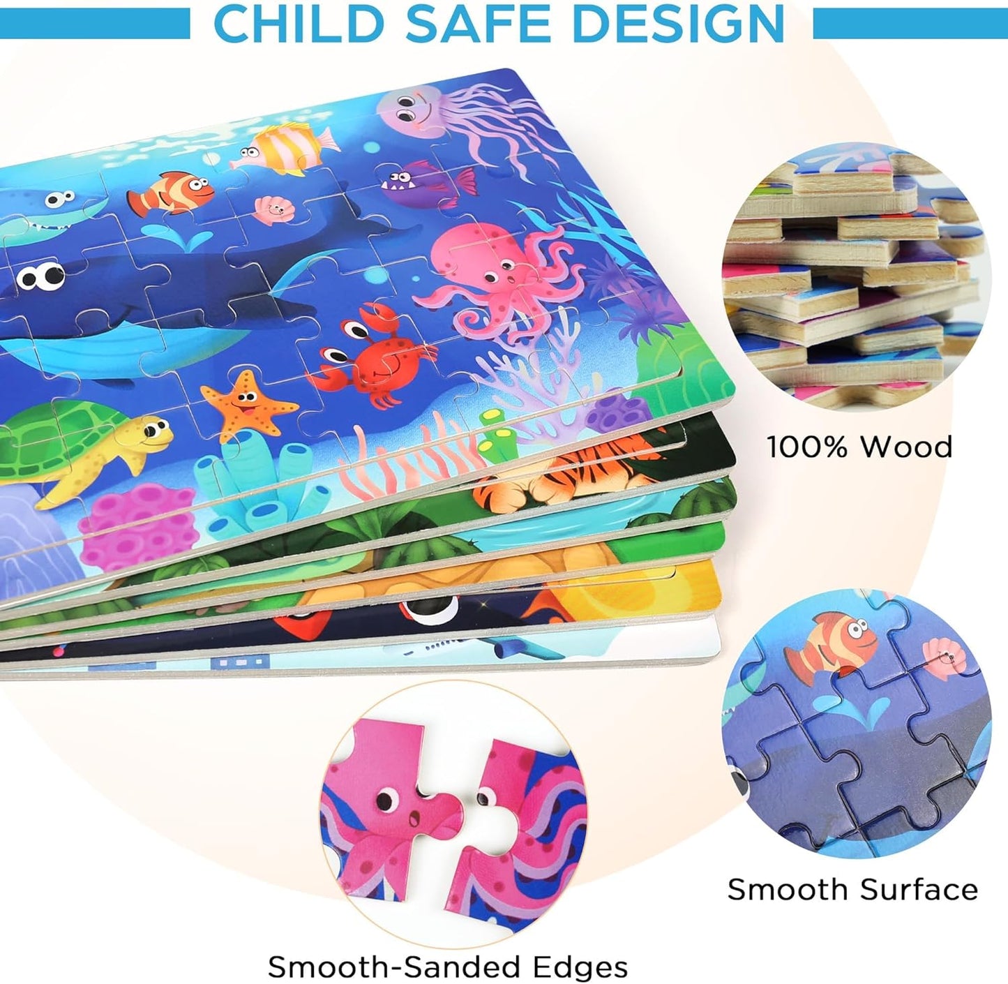 BenBen Puzzles for Kids Ages 4-6, 6 Pack 24 Piece Wooden Jigsaw Puzzles for Toddlers Ages 3-5, Preschool Learning Educational Toys for Boys Girls