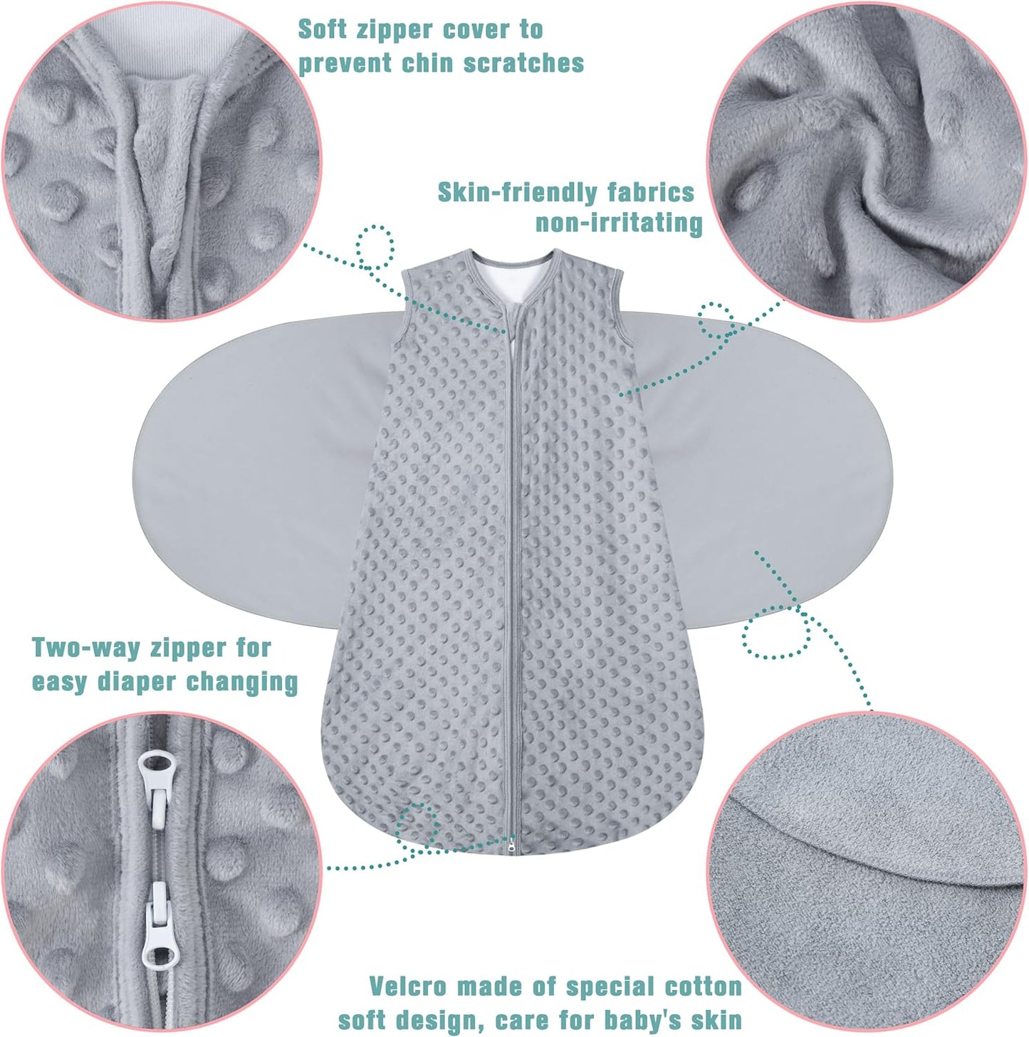 Fleece Newborn Sleep Sack Baby Swaddle,3-Way Adjustable Wearable Blanket,2 Pack Fleece Swaddling Sleeping Bag TOG 2.0， (Gray & Pink, 3-6 Months)