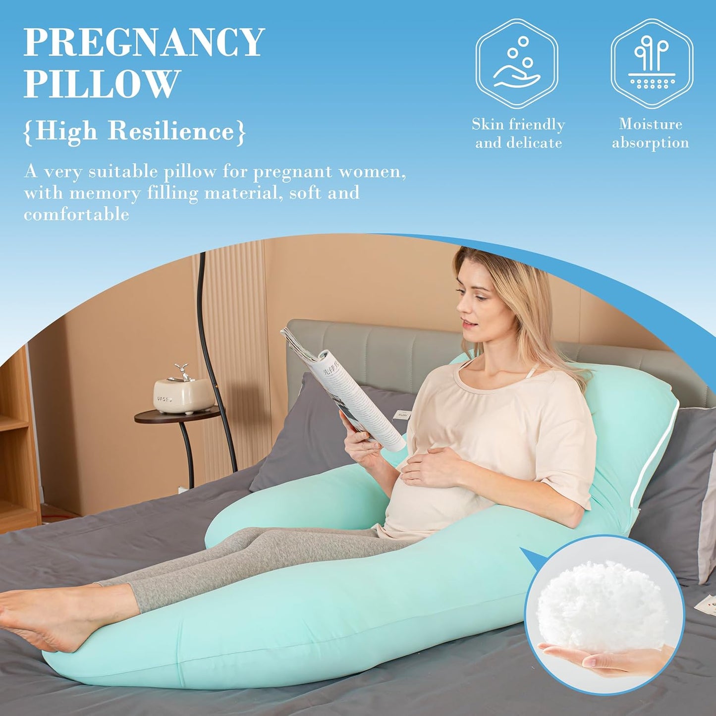 Cute Castle Cooling Cover Pregnancy Pillows, Soft U-Shape Maternity Pillow with Removable Cover - Full Body Pillows for Adults Sleeping - Pregnancy Must Haves - Jumbo 57 Inch - Turquoise