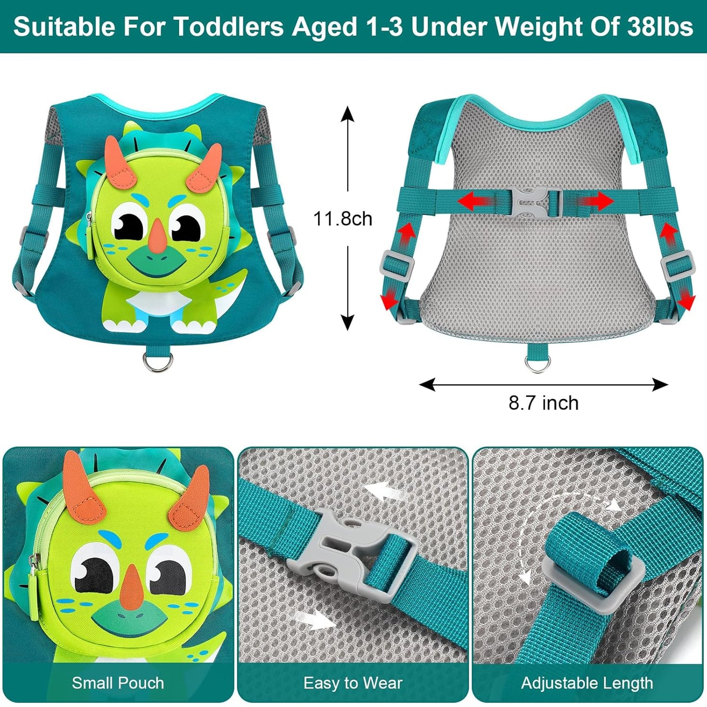 Toddler Harness Leash with Anti Lost Wrist Link, Accmor Kids Dinosaur Harnesses Leashes, Cute Triceratops Kids Walking Wristband Assistant Strap Belt for Parent Baby Boys Outdoor Activity