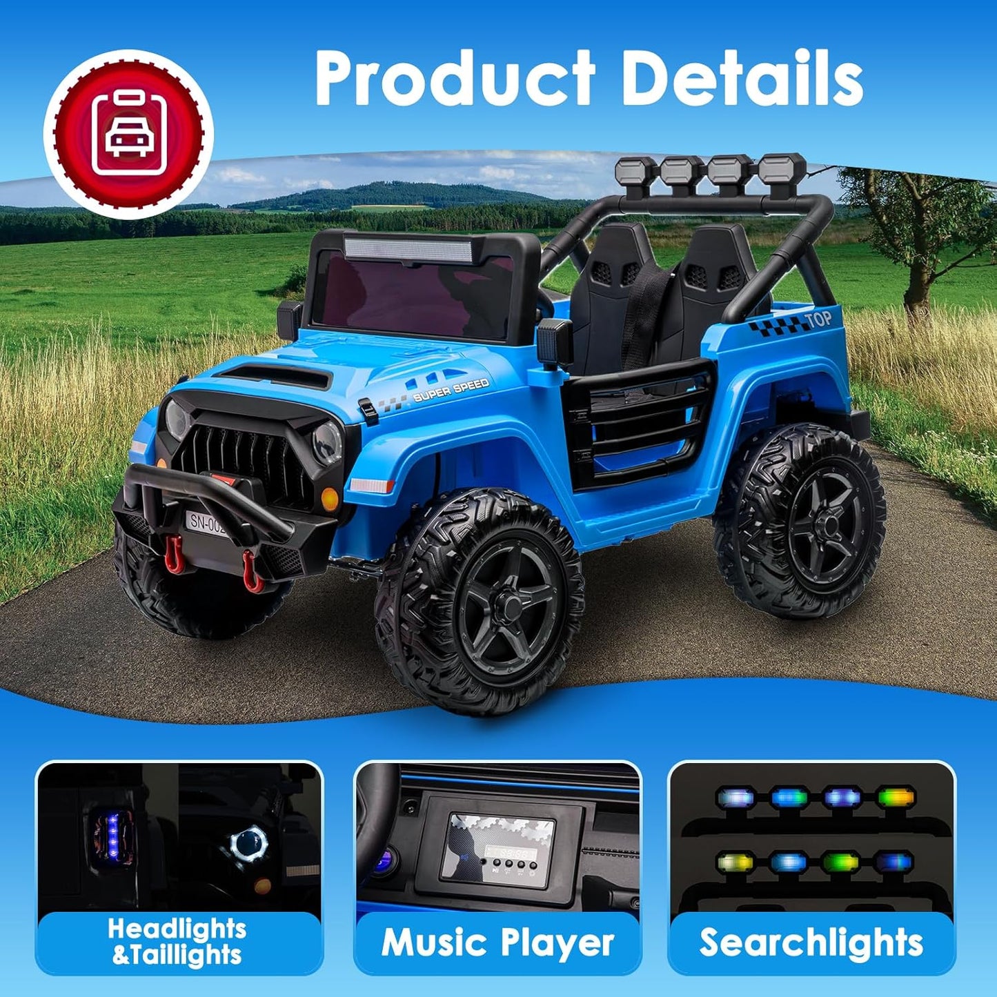24V 2 Seater Ride On Truck with Remote Control 4WD Electric Car for Kids Ride On Car Battery Powered Ride On Toy Car with Music Player, LED Lights, Bluetooth, Rear Shock Absorber, Blue