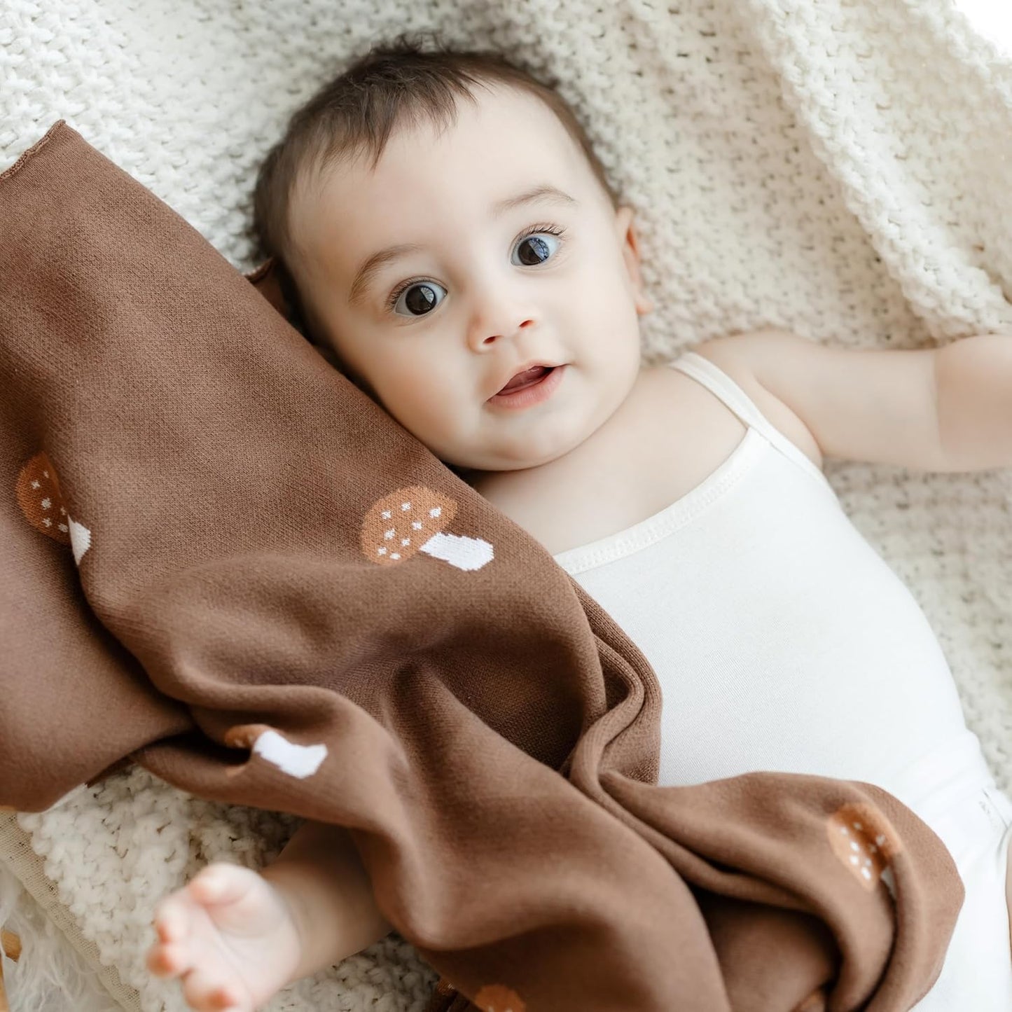 Knit Baby Blanket for Girls and Boys 100% Cotton Buttery Soft Cozy Receiving Swaddle Crib Stroller Blanket for Shower Gift Registry for Newborns, Infants, Toddlers (Mushroom - Mocha)